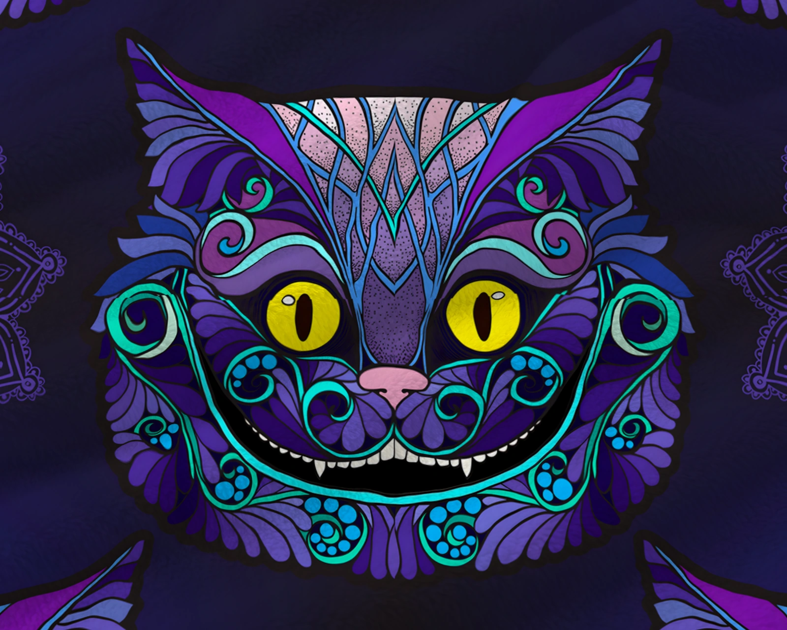 Close-up of a smiling purple and turquoise cat face with yellow eyes and mandala details on soft midnight-blue flannel fabric.