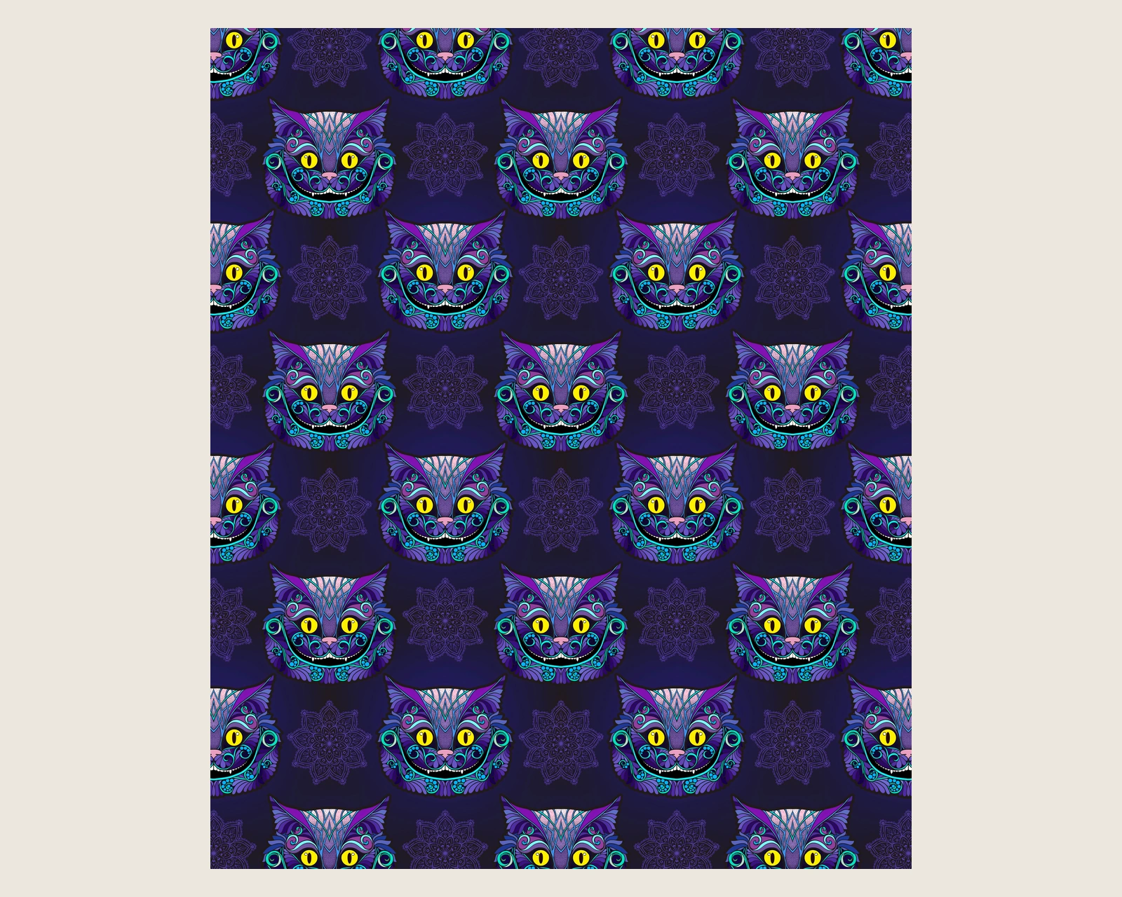 Full flat view of the 50 by 60 inch purple cat blanket, with smiling purple and turquoise faces and faint mandalas repeated edge to edge.