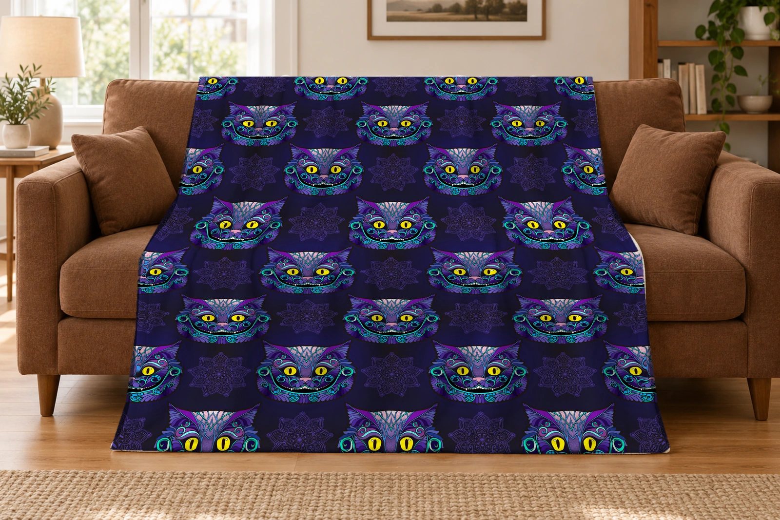 Purple and turquoise smiling cat face blanket draped over a warm brown sofa, with mandalas on a midnight-blue background.