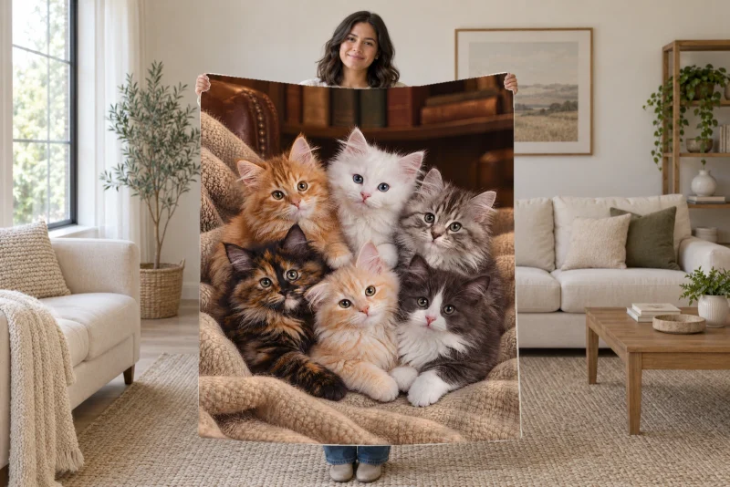 Woman holding open a beige and brown blanket with six fluffy kittens nestled on a knit throw before bookshelves in a bright room.