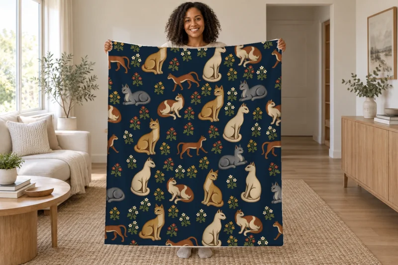 Woman holding open a navy blanket with cream, gray, gold, and russet cats among red, gold, and ivory flowers in a bright room.