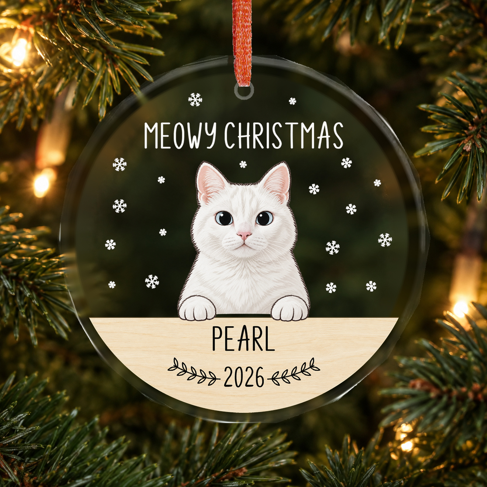Transparent glass Christmas ornament personalized with Pearl, white Meowy Christmas lettering and snowflakes on a Christmas tree