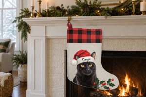 Cream personalized cat Christmas stocking by a fireplace, with Onyx in black on the Santa hat, red plaid and holly.
