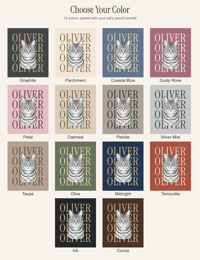 14 coordinated blanket backgrounds and name lettering colors, with Oliver’s grayscale pencil-style portrait.