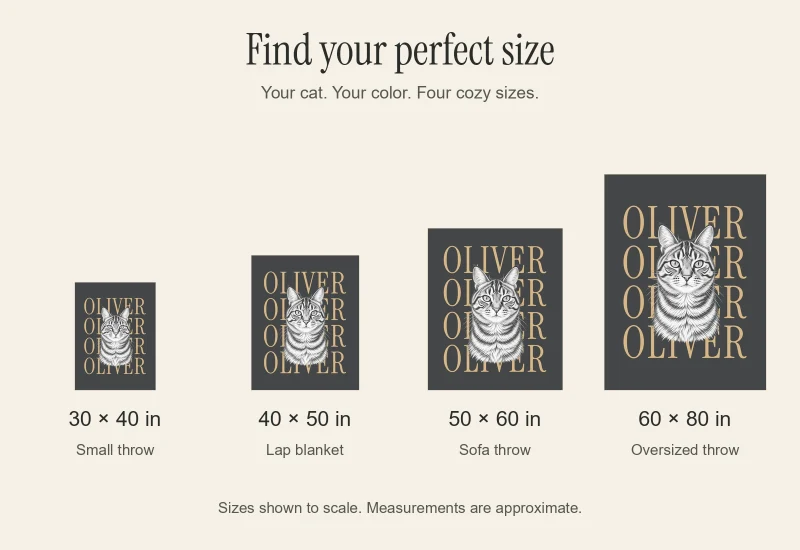 Four vertical blanket sizes: 30 × 40, 40 × 50, 50 × 60, and 60 × 80 inches.