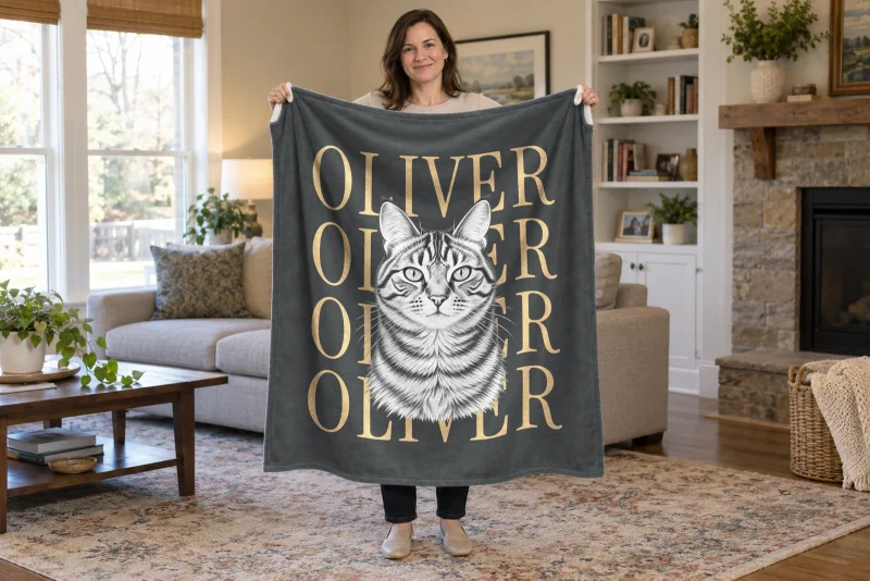 Person holding a Graphite flannel blanket with Oliver’s repeating name and grayscale pencil-style cat portrait.