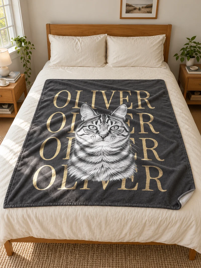 Graphite personalized cat blanket spread on a bed, showing the pencil-style tabby portrait and four rows of the name OLIVER.