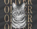 Medium detail of Oliver’s pencil-style cat portrait and serif name lettering on the Graphite blanket.