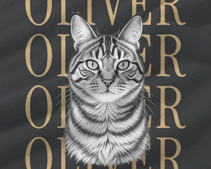 Medium detail of Oliver’s pencil-style cat portrait and serif name lettering on the Graphite blanket.
