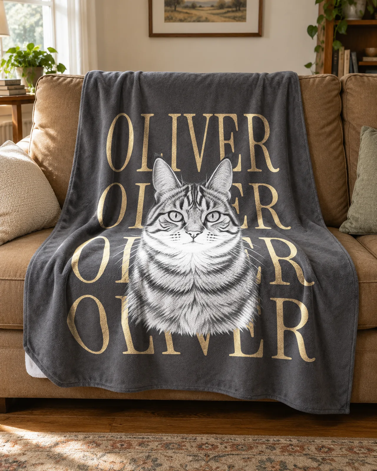 Personalized cat blanket with a pencil portrait of Oliver and his name repeated in gold, draped over a sofa.