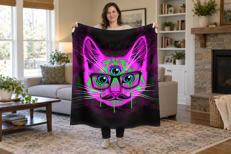 Woman holding open a black psychedelic cat blanket with one large neon pink three-eyed cat, blue eyes, black glasses, and green drips.