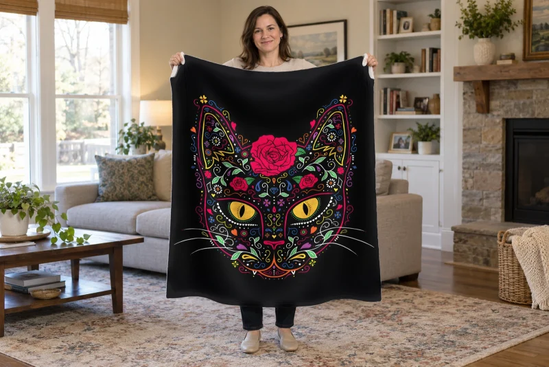 Woman holding open a black blanket with an ornate sugar skull style cat face, golden eyes and a red rose in a bright room.