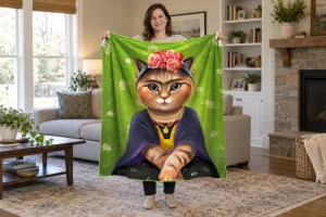 Woman holding open a portrait painting of a tabby cat with a pink rose crown, a purple shawl and a yellow blouse on a green floral background in a bright room.