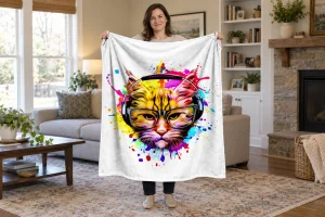 Man holding open a white blanket with a colorful cat face wearing glasses and headphones among bright paint splashes in a bright room.