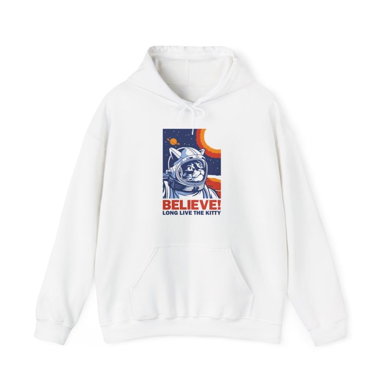 Front of the hoodie showing a gray tabby astronaut, a ringed golden planet and stars on deep blue