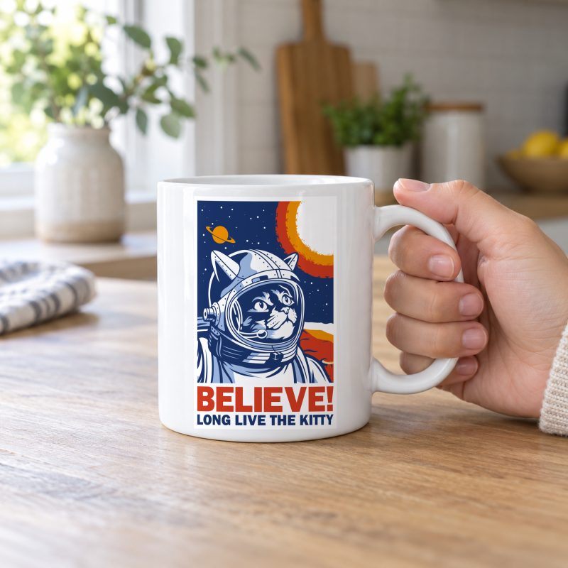 Person holding a glossy white ceramic mug showing a gray tabby astronaut, a ringed golden planet and stars on deep blue