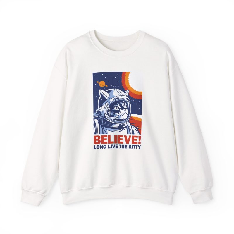 Front of the crewneck sweatshirt showing a gray tabby astronaut, a ringed golden planet and stars on deep blue