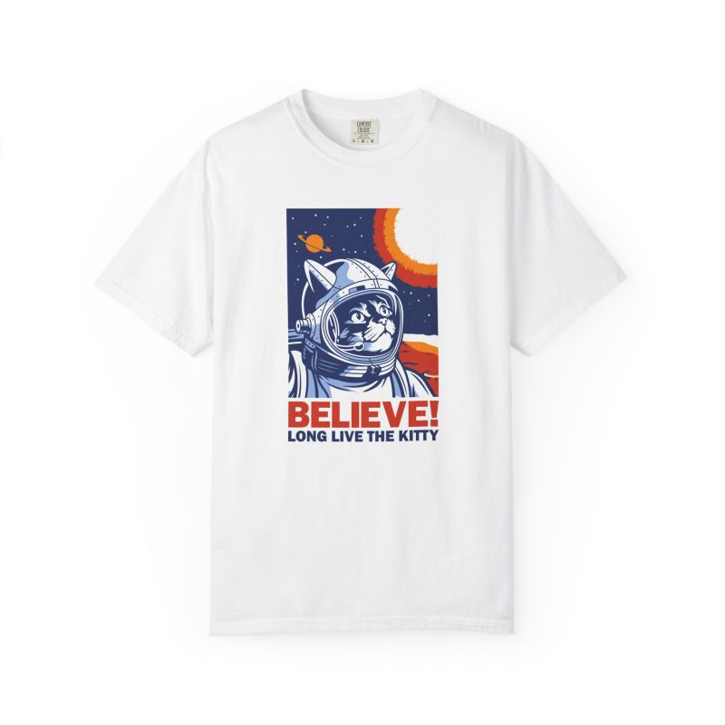 Front of the tee showing a gray tabby astronaut, a ringed golden planet and stars on deep blue