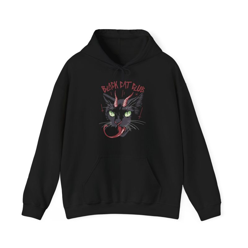 Front of the hoodie showing a horned black cat with green eyes, a curling red tongue and angular red lettering
