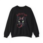Front of the crewneck sweatshirt showing a horned black cat with green eyes, a curling red tongue and angular red lettering