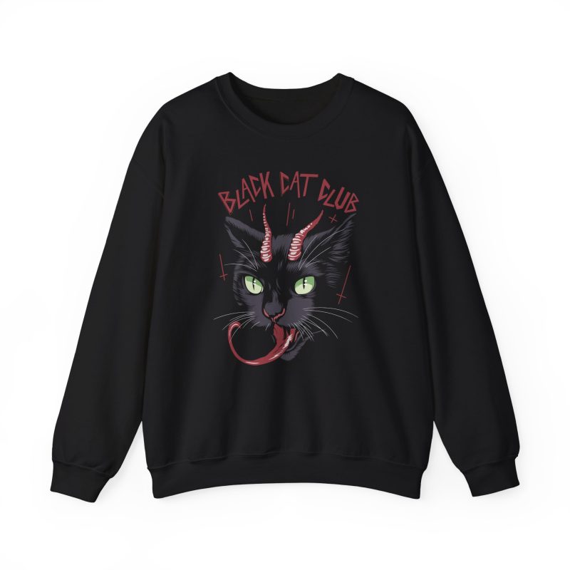 Front of the crewneck sweatshirt showing a horned black cat with green eyes, a curling red tongue and angular red lettering