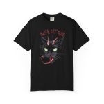 Front of the tee showing a horned black cat with green eyes, a curling red tongue and angular red lettering