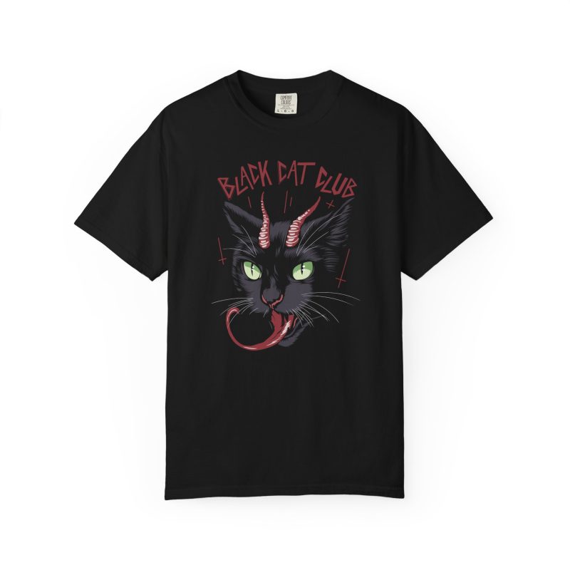 Front of the tee showing a horned black cat with green eyes, a curling red tongue and angular red lettering