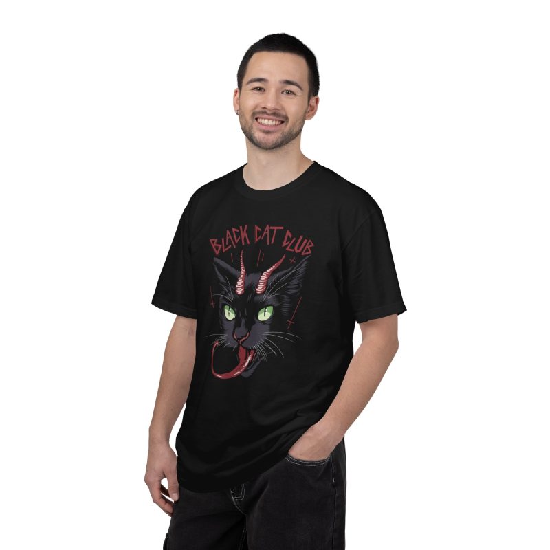 Person wearing a tee showing a horned black cat with green eyes, a curling red tongue and angular red lettering