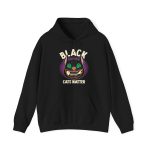 Front of the hoodie showing a grinning black cat with huge green eyes, orange mouth outlines and a purple halo