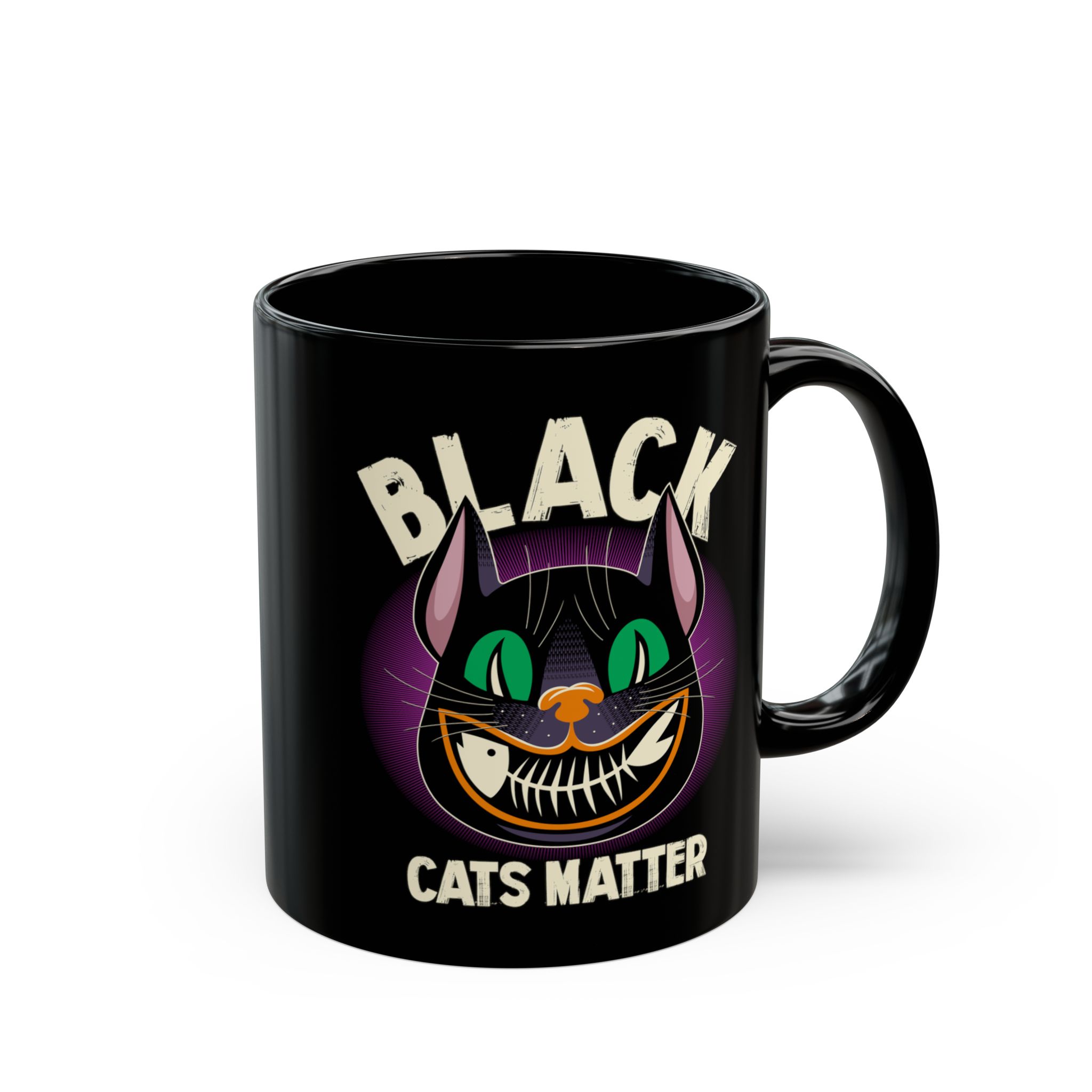 Glossy black ceramic mug showing a grinning black cat with huge green eyes, orange mouth outlines and a purple halo