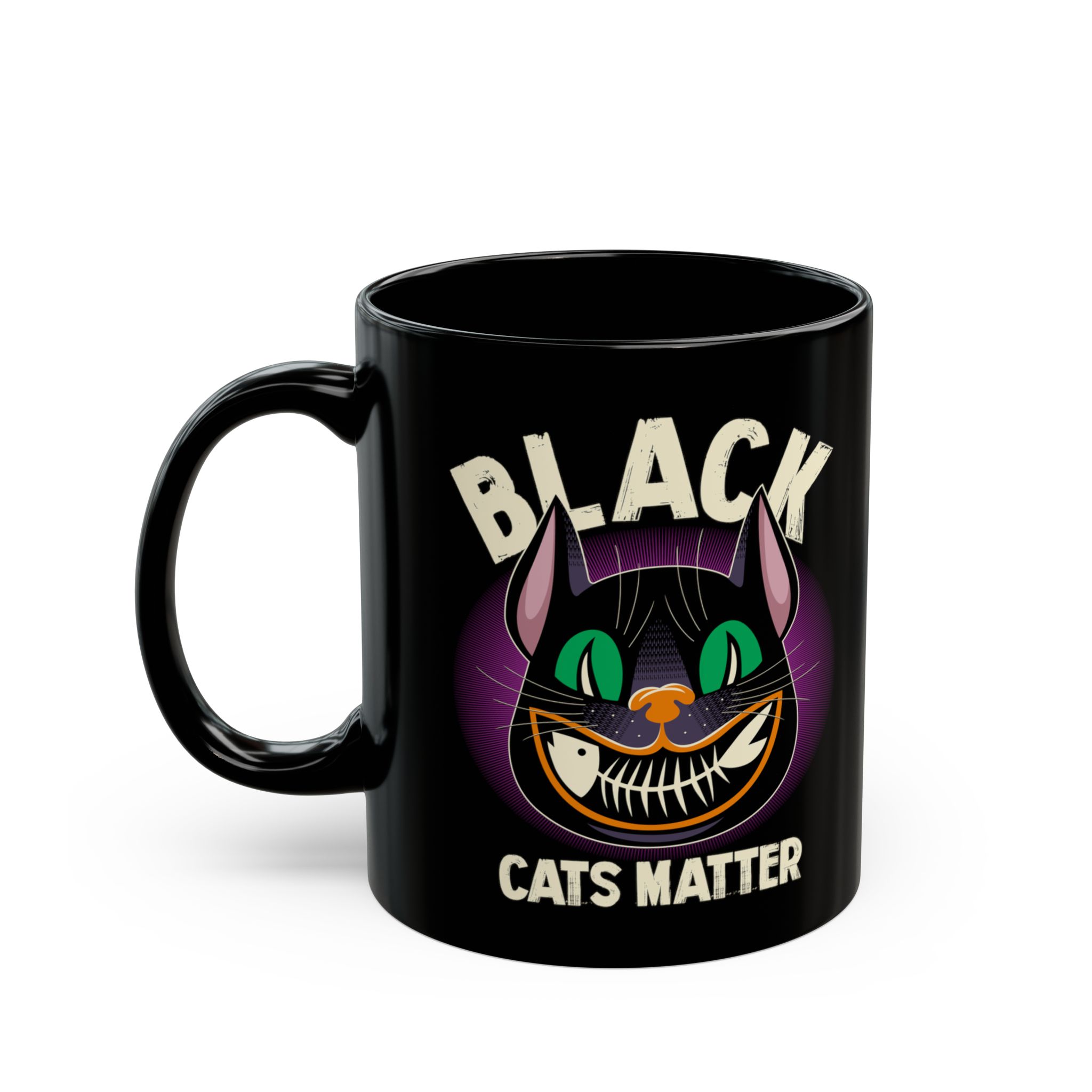 Glossy black ceramic mug showing a grinning black cat with huge green eyes, orange mouth outlines and a purple halo