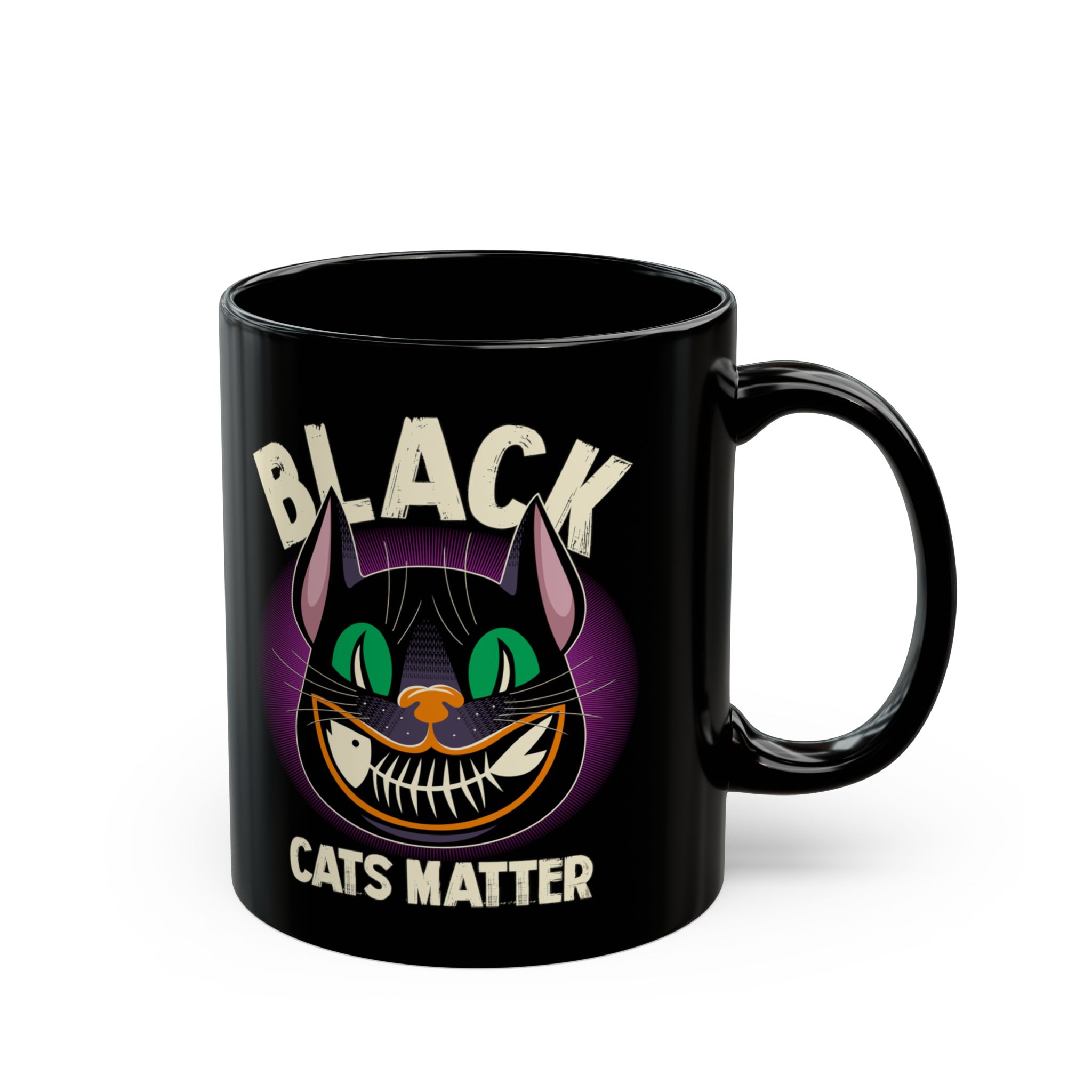 Opposite side of the glossy black ceramic mug with the matching design