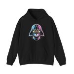 Front of the hoodie showing an amber-eyed cat in a dark sci-fi helmet with cyan, magenta and white highlights Front of the hoodie showing an amber-eyed cat in a dark sci-fi helmet with cyan, magenta and white highlights