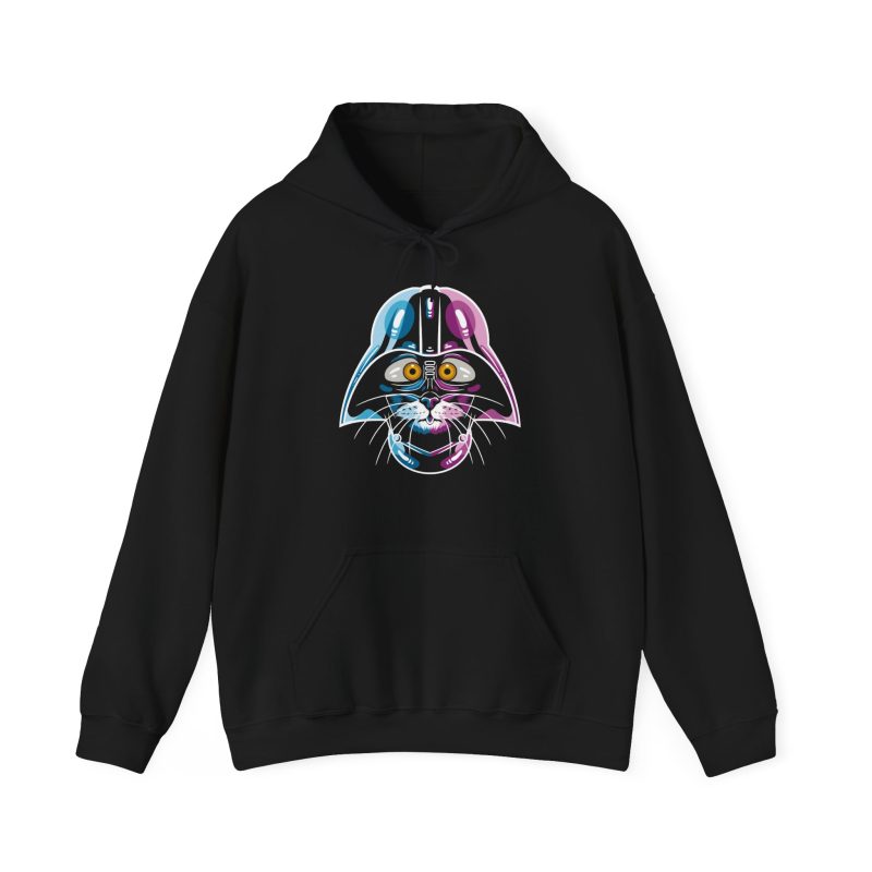 Front of the hoodie showing an amber-eyed cat in a dark sci-fi helmet with cyan, magenta and white highlights