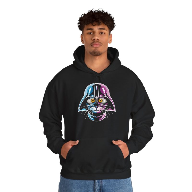 Person wearing a hoodie showing an amber-eyed cat in a dark sci-fi helmet with cyan, magenta and white highlights