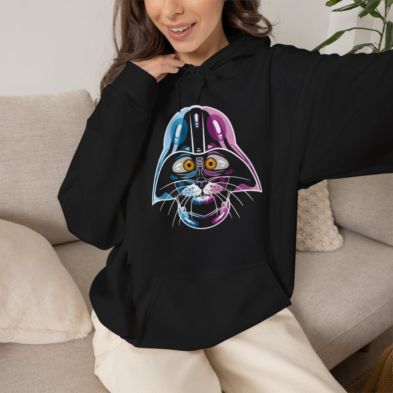 Person wearing a hoodie showing an amber-eyed cat in a dark sci-fi helmet with cyan, magenta and white highlights