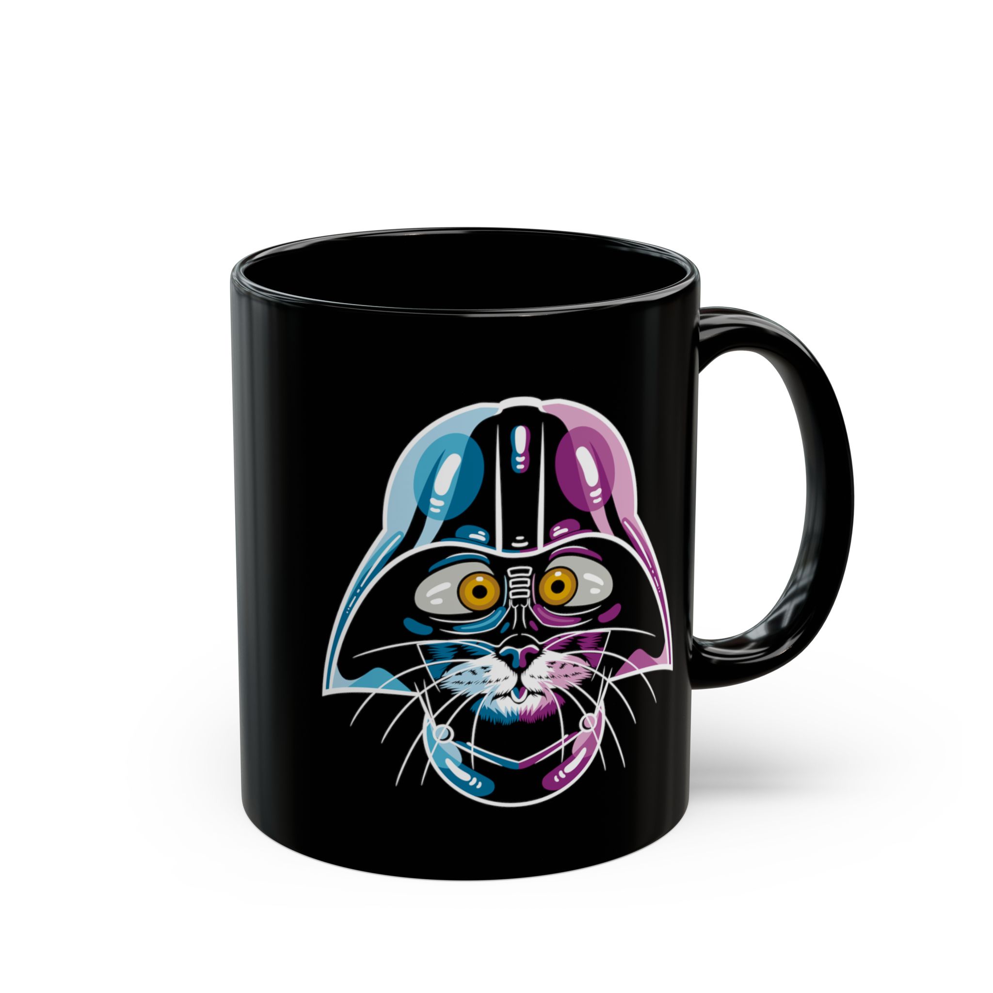 Glossy black ceramic mug showing an amber-eyed cat in a dark sci-fi helmet with cyan, magenta and white highlights