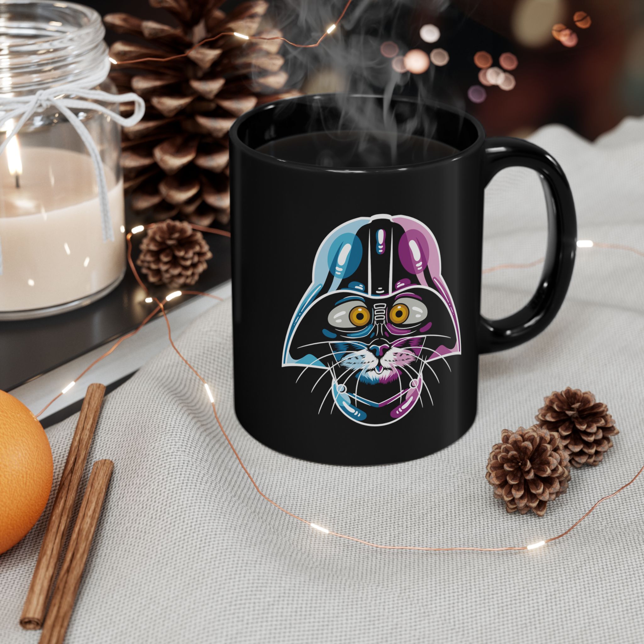 Glossy black ceramic mug showing an amber-eyed cat in a dark sci-fi helmet with cyan, magenta and white highlights
