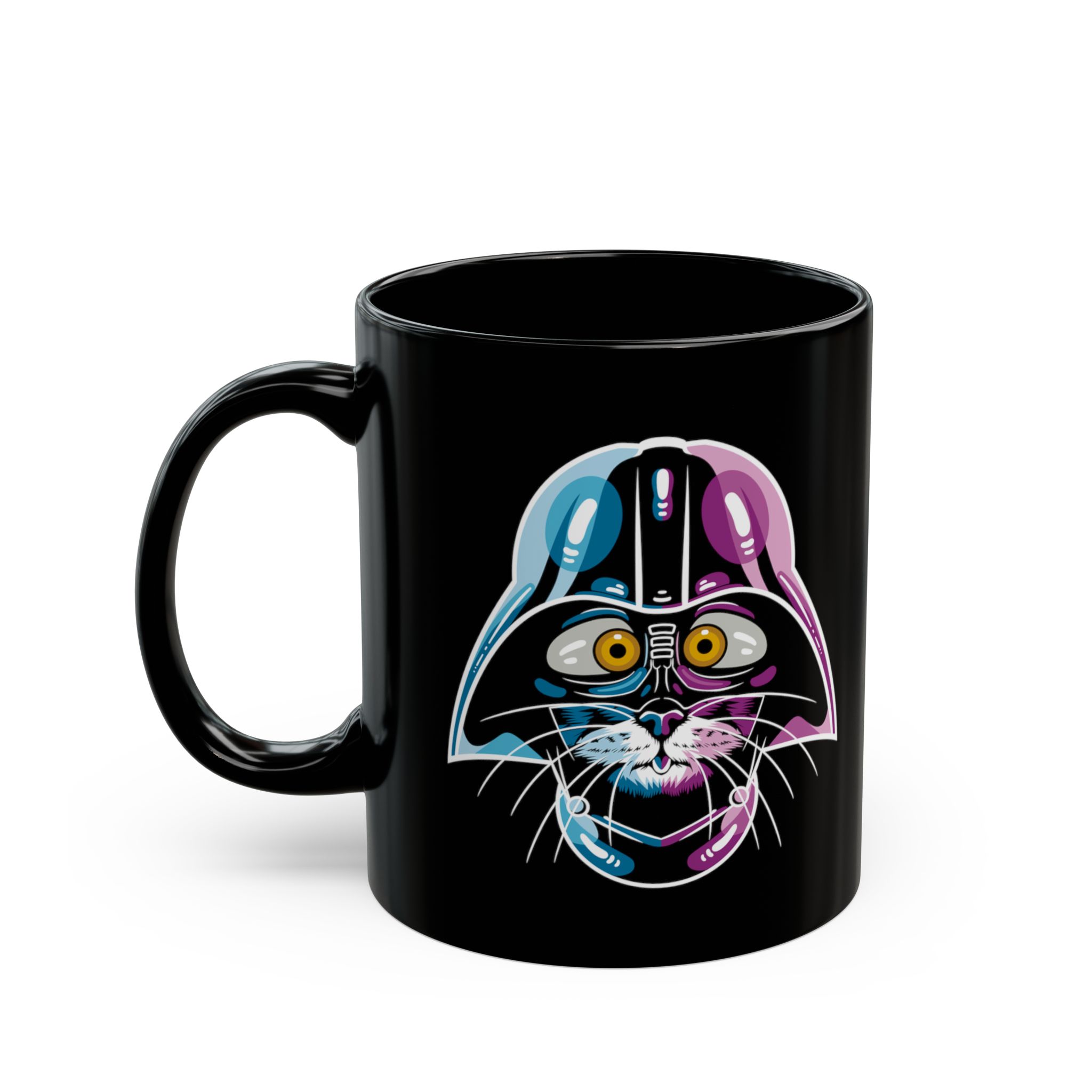 Glossy black ceramic mug showing an amber-eyed cat in a dark sci-fi helmet with cyan, magenta and white highlights
