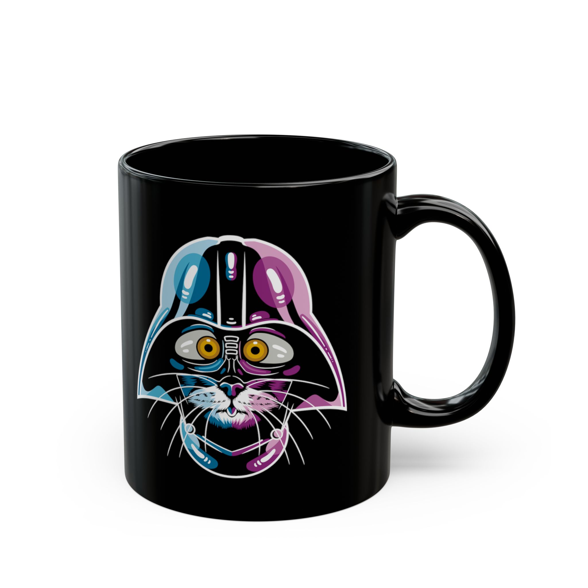 Opposite side of the glossy black ceramic mug with the matching design
