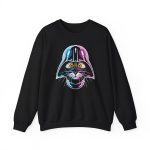 Front of the crewneck sweatshirt showing an amber-eyed cat in a dark sci-fi helmet with cyan, magenta and white highlights