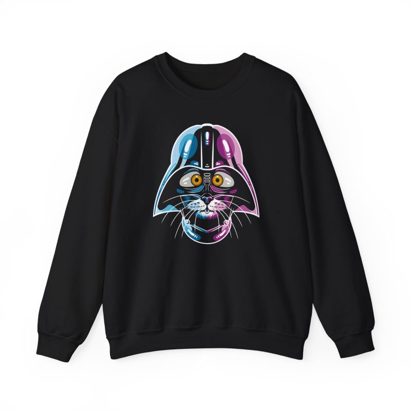 Front of the crewneck sweatshirt showing an amber-eyed cat in a dark sci-fi helmet with cyan, magenta and white highlights