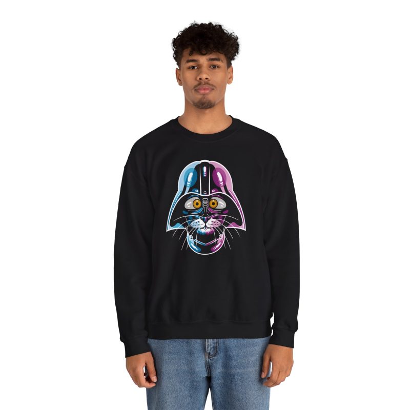 Person wearing a crewneck sweatshirt showing an amber-eyed cat in a dark sci-fi helmet with cyan, magenta and white highlights