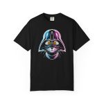 Front of the tee showing an amber-eyed cat in a dark sci-fi helmet with cyan, magenta and white highlights