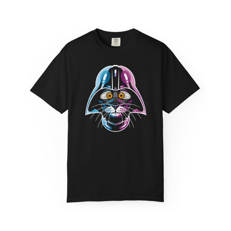 Front of the tee showing an amber-eyed cat in a dark sci-fi helmet with cyan, magenta and white highlights