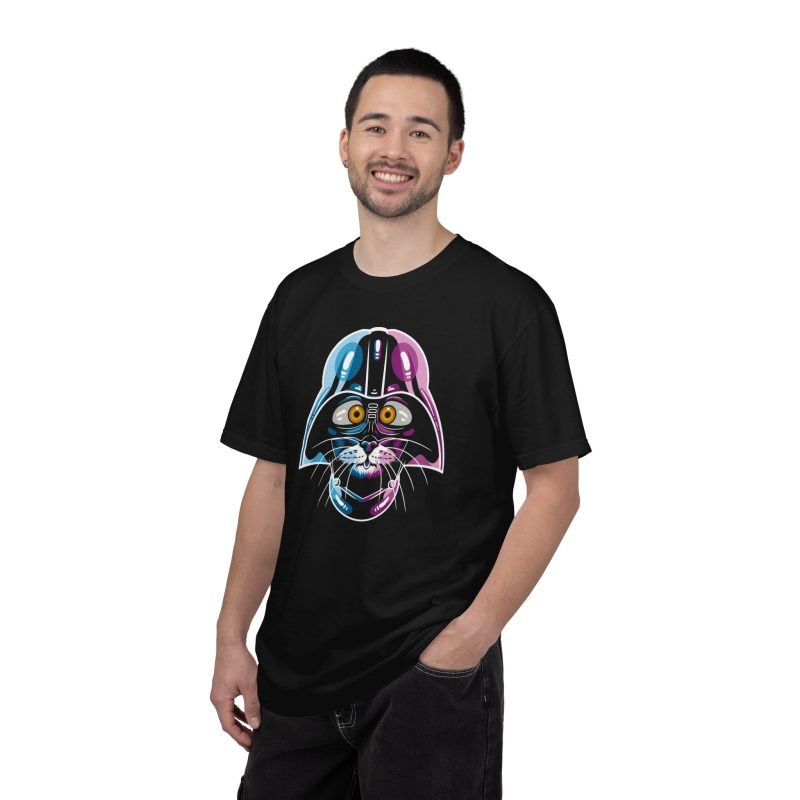 Person wearing a tee showing an amber-eyed cat in a dark sci-fi helmet with cyan, magenta and white highlights