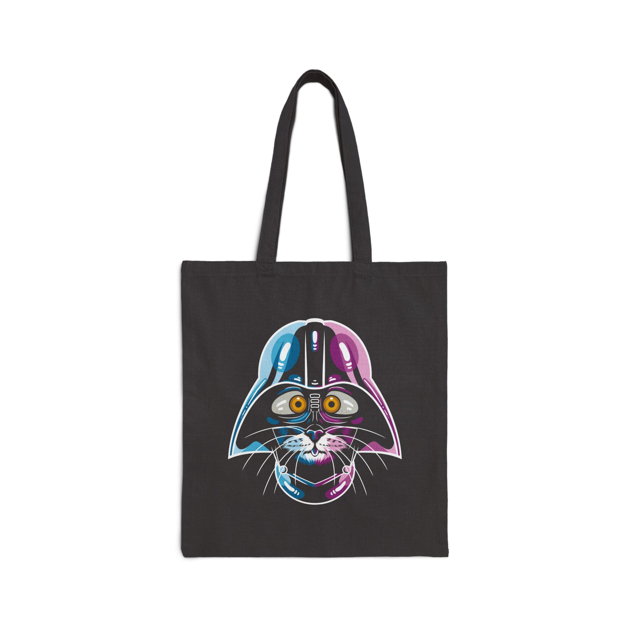 Front of the black canvas tote showing an amber-eyed cat in a dark sci-fi helmet with cyan, magenta and white highlights