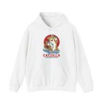 Front of the hoodie showing a giant brown tabby holding a blue fish above waves in front of a red sun disc