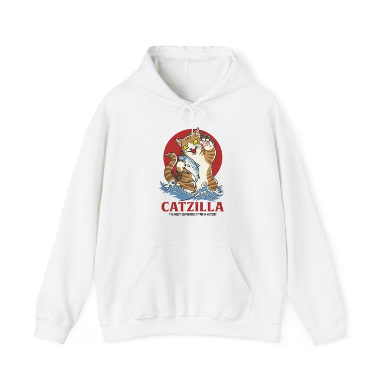 Front of the hoodie showing a giant brown tabby holding a blue fish above waves in front of a red sun disc