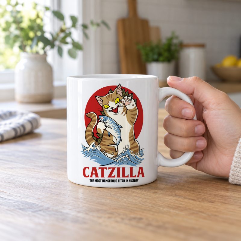 Person holding a glossy white ceramic mug showing a giant brown tabby holding a blue fish above waves in front of a red sun disc